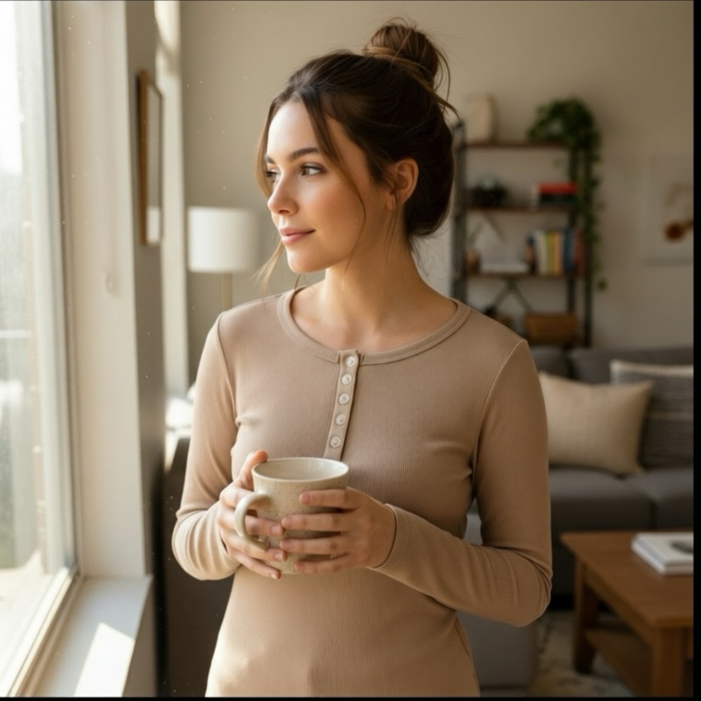 Elegant Beige Long Sleeve Henley Top